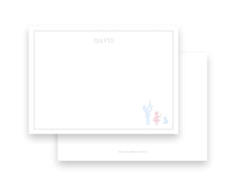 Pink and blue boy, girl, and baby sibling vintage children silhouette and gingham stationery flat printed cards- by Kate Chambers Designs