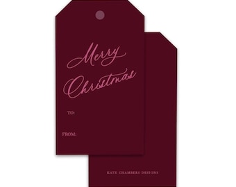 Blank Claret Pink Slanted Script "Merry Christmas" Holiday gift tag enclosure