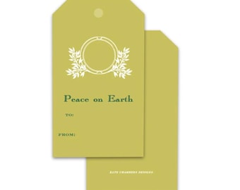 Blank Chartreuse Teal Botanic Simple Wreath "peace on earth" Holiday gift tag enclosure