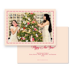 Christmas Holiday photo card - red pink border florentine back liner option peace on earth- by Kate Chambers Designs