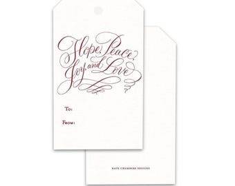 Blank White Red "Hope, Peace, Joy, and Love" Holiday gift tag enclosure