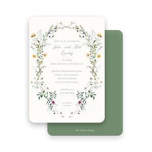 May include: A white wedding invitation with a floral border. The invitation reads "Join us to celebrate Julie and Bill Lawley on their 50th Wedding Anniversary, Friday, September 25th, 6:30 in the evening, 123 Main Street, Savannah, Georgia. Regrets to 123.456.7890. No gifts please."