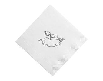 Grey Vintage rocking horse sketch foil printed 5" x 5" cocktail napkins - by Kate Chambers Designs