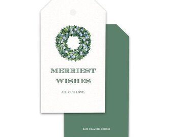 Blank Watercolor Blue Green Wreath "Merriest Wishes" Holiday gift tag enclosure