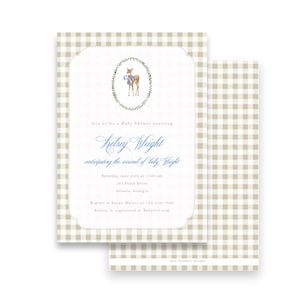 Invitación a la fiesta de bienvenida al bebé - Cuadro a cuadros color canela con ciervo del bosque en acuarela y un niño pequeño con lazo - por Kate Chambers Designs