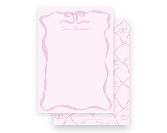 Pink ribbon bow border girls stationery flat printed cards- by Kate Chambers Designs
