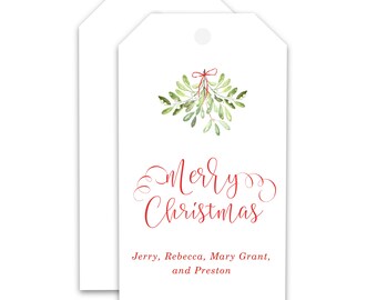 Watercolor green mistletoe holiday Merry Christmas gift tags