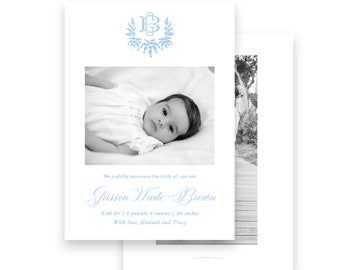 Baby Birth Announcement - boys blue monogram wreath - by Kate Chambers Designs