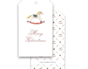 Blank Watercolor Festive Rocking Horse "Merry Christmas" Holiday gift tag enclosure