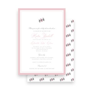 Baby Shower Invite - Watercolor silver baby rattle with pink bow - by Kate Chambers Designs