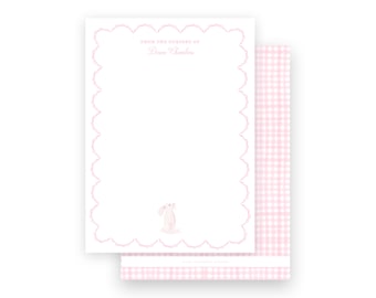 Pink watercolor bunny scallop border baby stationery flat printed cards- by Kate Chambers Designs