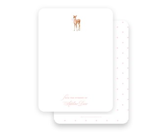 Pink watercolor deer with bow baby stationery flat printed cards- by Kate Chambers Designs