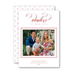 Wonders of his love pink and red Custom Merry Christmas Holiday photo card, photo mounted or attached photo option