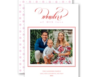 Wonders of his love pink and red Custom Merry Christmas Holiday photo card, photo mounted or attached photo option