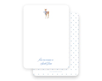 Blue watercolor deer with bow baby stationery flat printed cards- by Kate Chambers Designs