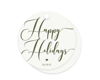 Custom Engraved Moss Cream "Happy Holidays" Round Holiday gift tags