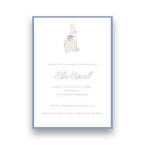 Invitación al baby shower - Conejito de acuarela con un niño pequeño con lazo azul - por Kate Chambers Designs