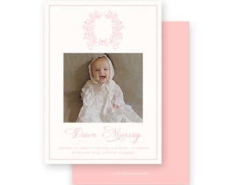 Baby Birth Announcement - girls peach vintage wreath with bow - by Kate Chambers Designs
