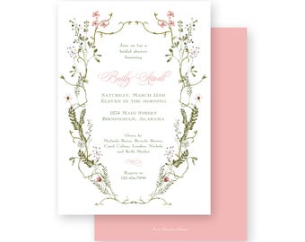 Watercolor peach pink green floral oval crest wedding engagement party invitation - by Kate Chambers Designs