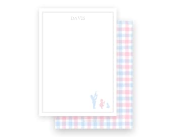 Pink and blue vintage children silhouette and gingham stationery flat printed cards- by Kate Chambers Designs