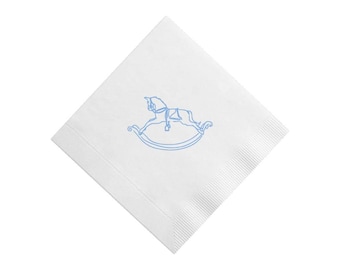 Blue Vintage rocking horse sketch foil printed 5" x 5" cocktail napkins - by Kate Chambers Designs