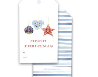 Blank Blue Red Watercolor Ornament "Merry Christmas" Holiday gift tag enclosure