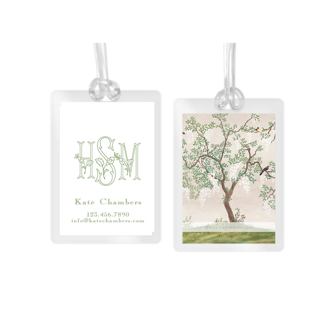 Laminated Bag Tag Green Monogram Chinoiserie Printed Tree Etsy