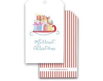 Blank Watercolor Sleigh Presents  "Merriest Christmas" Holiday gift tag enclosure