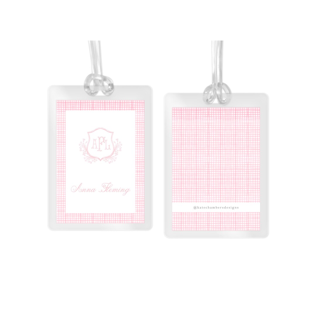 Laminated Bag Tag Girls Crest Pink Gingham by Kate Chambers Etsy