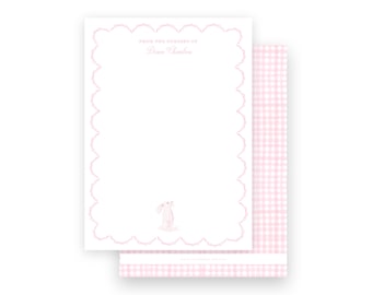 Pink Watercolor Bunny with Scallop Border Gingham Girl's Baby stationery flat printed cards- by Kate Chambers Designs
