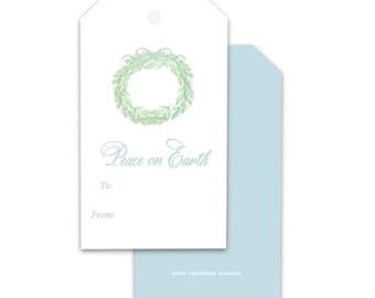 Blank Watercolor Green Wreath "Peace on Earth" Holiday gift tag enclosure