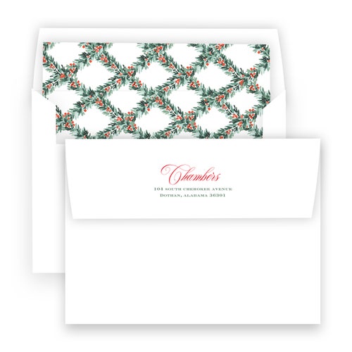 Christmas Holiday photo card - watercolor red berry pine garland shops lattice border - by Kate Chambers Designs
