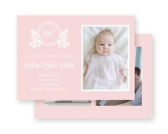 Baby Birth Announcement - girls pink white crest - by Kate Chambers Designs