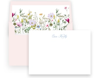 Watercolor Wildflower floral lined pink envelope women's stationery cards