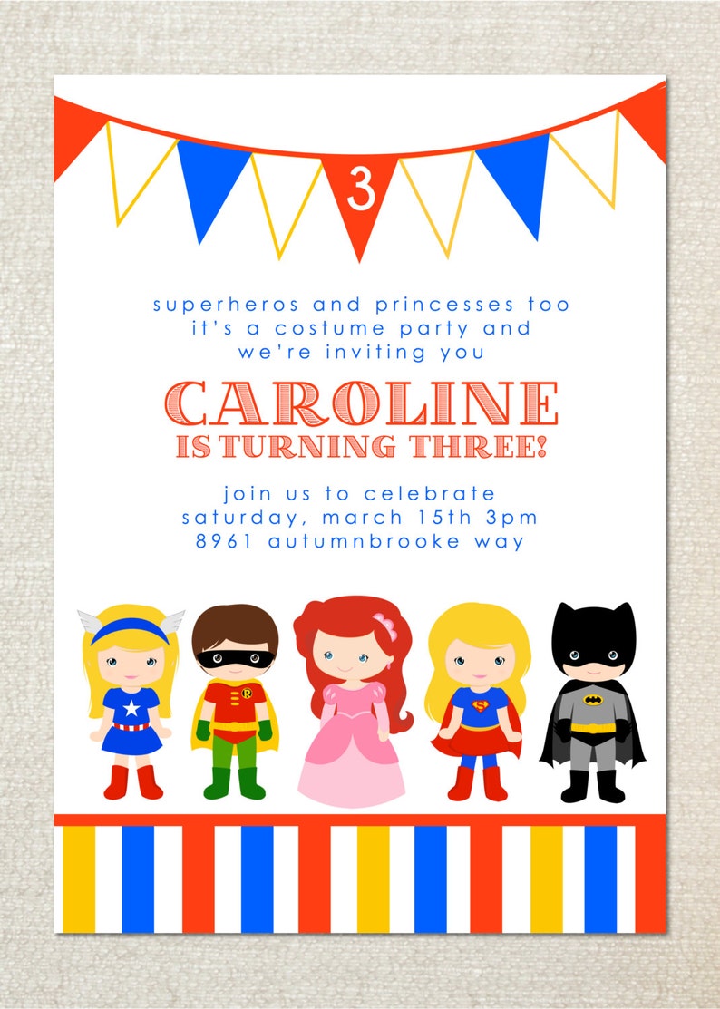 Superhero and Princess dress up birthday party invitations Etsy