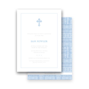 Faire-part de dédicace pour baptême - croix vichy bleue aquarelle - par Kate Chambers Designs