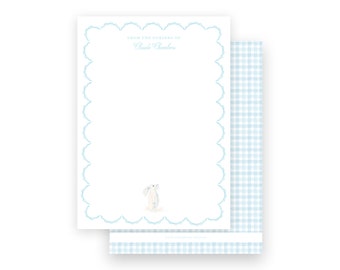 Blue watercolor bunny scallop border baby stationery flat printed cards- by Kate Chambers Designs