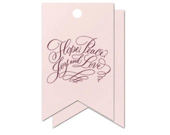 Pink Burgundy "Hope, peace, love, joy" Curly Script Foil Holiday gift tag enclosure