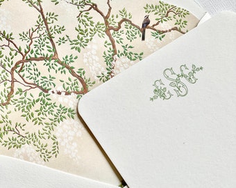 Watercolor chinoiserie green lined envelope women's stationery cards