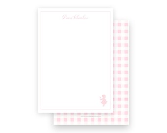 Pink girl with flowers vintage children silhouette and gingham stationery flat printed cards- by Kate Chambers Designs