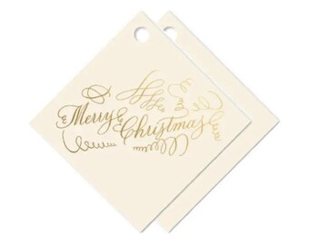Gold Ivory "Merry Christmas" Curly Script Foil Holiday gift tag enclosure