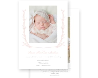 Baby Birth Announcement - girls pink laurel border - by Kate Chambers Designs