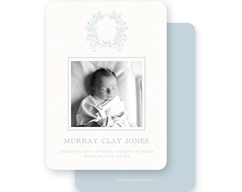 Baby Birth Announcement - boys blue vintage wreath with bow - by Kate Chambers Designs