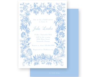 Bridal Shower Bridesmaid Luncheon periwinkle vintage rose floral border invite - by Kate Chambers Designs