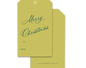 Blank Chartreuse Teal Slanted Script "merry christmas" Holiday gift tag enclosure