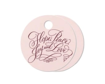 Pink Burgundy "Hope, peace, love, joy" Curly Script Foil Round Holiday gift tag enclosure