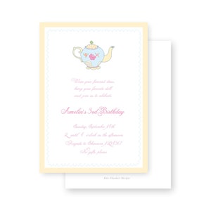 May include: A light blue and pink tea pot with floral designs on a yellow and blue invitation. The invitation reads "Wear your fanciest dress, bring your favorite doll and join us to celebrate Amelia's 3rd Birthday. Sunday, September 14th, 2 until 4 o'clock in the afternoon. Regrets to Shannon 1234567. No gifts please. Kate Chambers Designs."