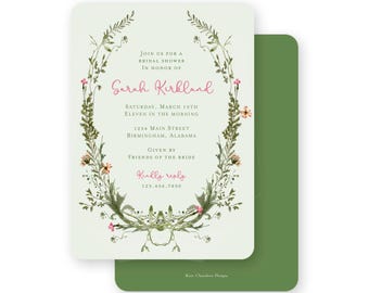 Watercolor pink green floral oval crest wedding engagement party invitation - by Kate Chambers Designs