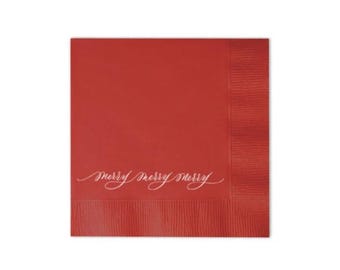 Weiß-rote Cocktailservietten mit dem Schriftzug „Merry Merry Merry“, bedruckt mit Folienfolie, 12,7 x 12,7 cm – von Kate Chambers Designs