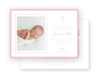 Baby Birth Announcement - girls pink cross - by Kate Chambers Designs